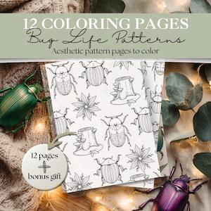 Può includere: Un set di pagine da colorare con motivi a tema insetti. Le pagine presentano disegni a tratteggio dettagliati di vari insetti, fiori e ceppi di alberi. Il testo sull'immagine recita "12 COLORING PAGES Bug Life Patterns Aesthetic pattern pages to color".
