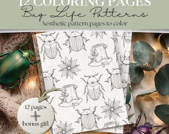 May include: A set of coloring pages with bug-themed patterns. The pages feature detailed line drawings of various insects, flowers, and tree stumps. The text on the image reads "12 COLORING PAGES Bug Life Patterns Aesthetic pattern pages to color".