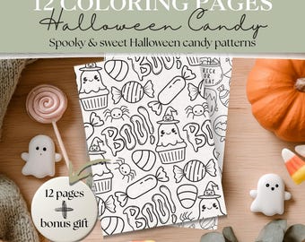 Coloriages de bonbons d'Halloween | 12 designs fantasmagoriques + 3 designs en prime | Fantômes, citrouilles et friandises | Une coloration audacieuse et facile pour tous les âges