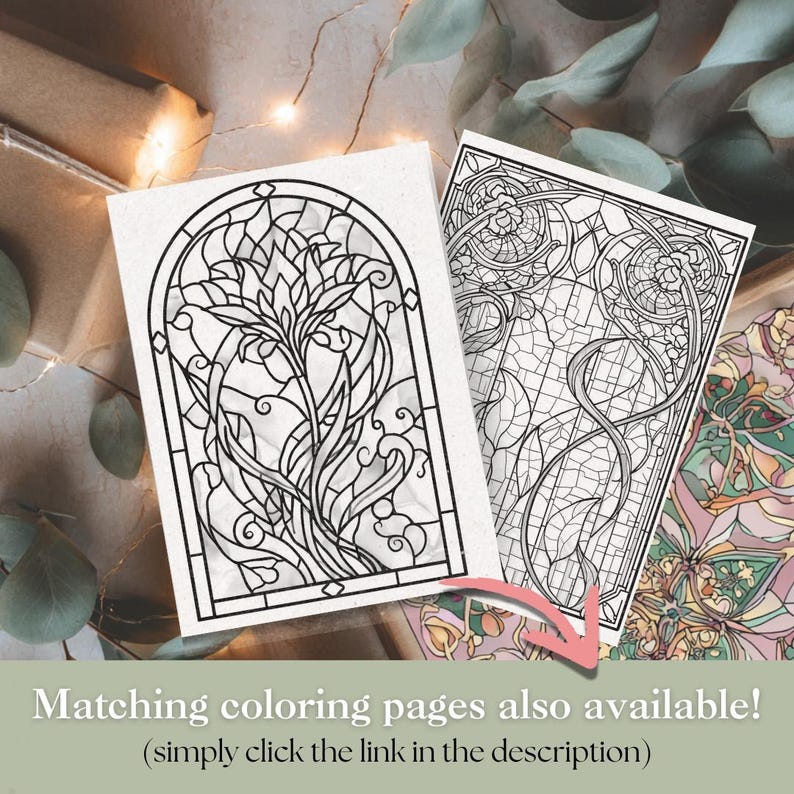 May include: Two black and white coloring pages with intricate stained glass designs. One features a floral motif within an arched window frame, the other a flowing, abstract pattern. Text at the bottom reads "Matching coloring pages also available!"