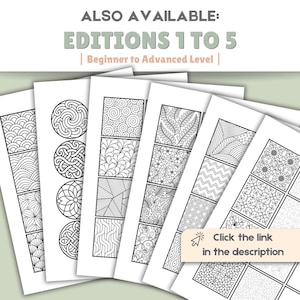 Pu&ograve; includere: Una pila di fogli di carta bianchi con intricati disegni in bianco e nero, adatti per la colorazione. Il testo "ALSO AVAILABLE: EDITIONS 1 TO 5 | Beginner to Advanced Level |" &egrave; in alto. Un invito all'azione recita "Click the link in the description."