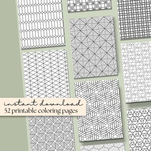 May include: A collection of 52 printable coloring pages with various geometric patterns in black and white. The phrase "instant download" is displayed above the pages. The pages feature designs such as hexagons, diamonds, and interlocking shapes.