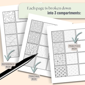 Peut inclure: Pages de papier blanc avec des motifs de traits noirs, divis&eacute;es en trois compartiments &eacute;tiquet&eacute;s "Reference Box", "Tracing Box" et "Practice Box". Le texte "Each page is broken down into 3 compartments:" est en haut.