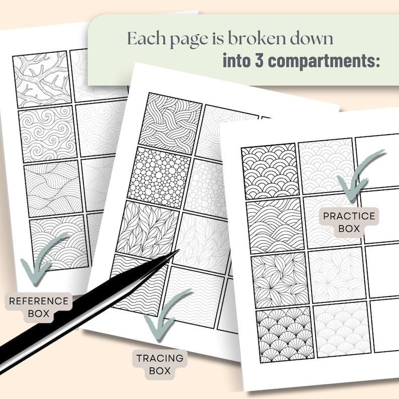 Peut inclure: Pages de papier blanc avec des motifs de traits noirs, divis&eacute;es en trois compartiments &eacute;tiquet&eacute;s "Reference Box", "Tracing Box" et "Practice Box". Le texte "Each page is broken down into 3 compartments:" est en haut.