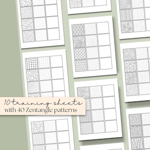 Peut inclure: Dix feuilles d'entra&icirc;nement avec 40 motifs Zentangle. Chaque feuille pr&eacute;sente une grille de 16 carr&eacute;s, chacun contenant un motif Zentangle noir et blanc unique. Le texte "10 training sheets with 40 Zentangle patterns" est visible.
