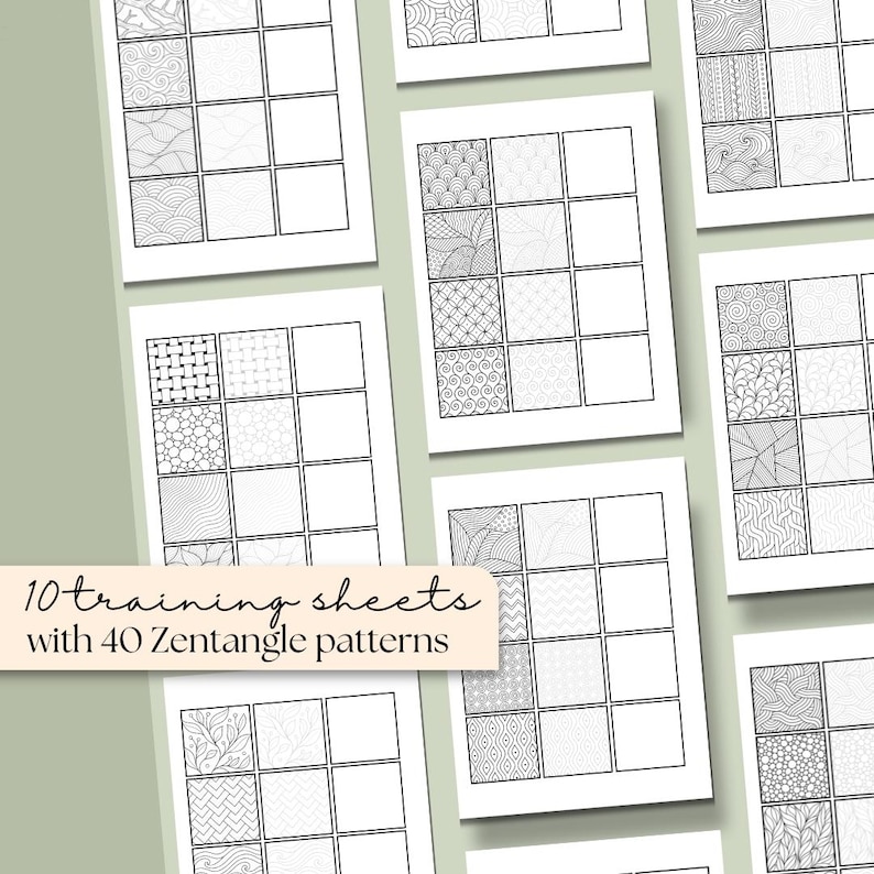 Peut inclure: Dix feuilles d'entra&icirc;nement avec 40 motifs Zentangle. Chaque feuille pr&eacute;sente une grille de 16 carr&eacute;s, chacun contenant un motif Zentangle noir et blanc unique. Le texte "10 training sheets with 40 Zentangle patterns" est visible.