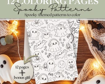 May include: A stack of coloring pages with the text "12 COLORING PAGES Spooky Patterns" and "Spooky-themed patterns to color." The pages feature black and white illustrations of ghosts, bats, spiders, and other Halloween-themed designs. A bonus gift is included.