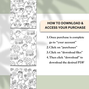 May include: Black and white illustrations of farm animals, flowers, and garden tools. The image includes instructions on how to download and access a purchase, with numbered steps and text. The overall theme is related to a farm or garden.