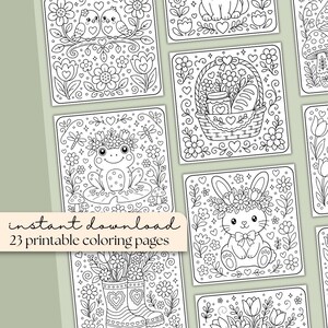 May include: A collection of 23 printable coloring pages featuring whimsical designs. The pages include illustrations of birds, flowers, a frog, a bunny, and a basket, all in a black and white line art style. Text on the image reads "instant download".