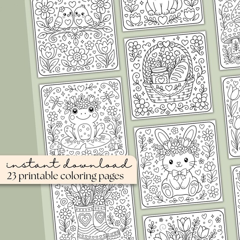 May include: A collection of 23 printable coloring pages featuring whimsical designs. The pages include illustrations of birds, flowers, a frog, a bunny, and a basket, all in a black and white line art style. Text on the image reads "instant download".