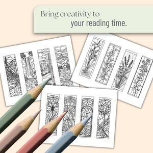 May include: A collection of black and white coloring bookmarks with nature and floral designs. The image includes colored pencils in shades of green, brown, and pink. Text reads: Bring creativity to your reading time.