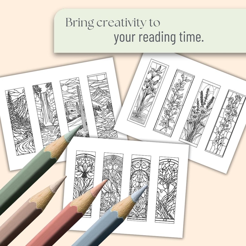 May include: A collection of black and white coloring bookmarks with nature and floral designs. The image includes colored pencils in shades of green, brown, and pink. Text reads: Bring creativity to your reading time.