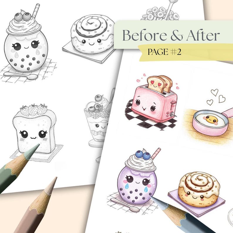 May include: A coloring book page with cute food illustrations. The page features a bubble tea, cinnamon roll, toast, and fried egg, all with adorable faces. The text "Before & After PAGE #2" is visible.