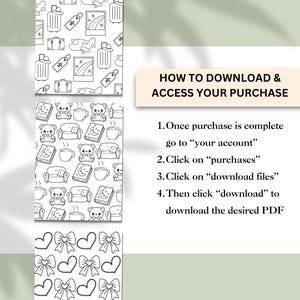May include: Three black and white pattern designs. The top design features travel-themed illustrations, the middle design has teddy bears, sofas, and coffee cups, and the bottom design shows bows and hearts. Instructions on how to download and access your purchase are also included.