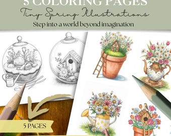 Tiny Spring Illustrations Coloring Pages | 45 Cozy Floral Designs | Cottagecore, Bird & Bloom Scenes | Spring Art | Flower Plants Coloring