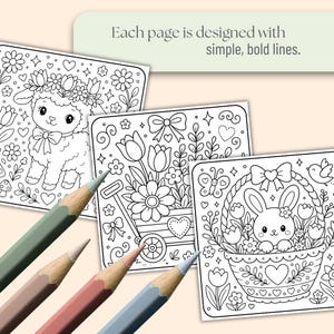 May include: Four coloring pages with simple, bold line drawings of a lamb, flowers, a bunny in a basket, and a flower cart. Colored pencils in shades of green, brown, pink, and blue are in the foreground. Text reads: Each page is designed with simple, bold lines.