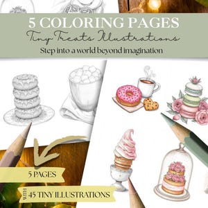Ilustraciones de postres para colorear / 45 mini diseños de postres y dulces / Estilo de panadería acogedora / Coloración de alimentos kawaii