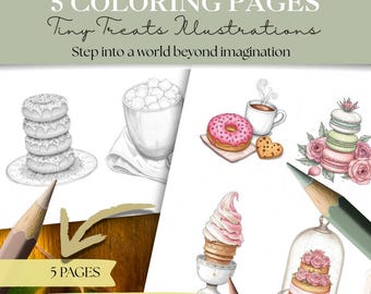 小さなお菓子のイラストを使ったデザートの塗り絵 | 45種類のミニデザートとキャンディーのデザイン | 居心地の良いベーカリーの美学 | かわいい食品の塗り絵