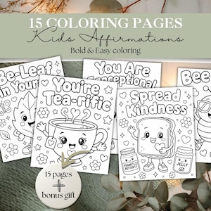 Può includere: Una raccolta di 15 pagine da colorare per bambini con affermazioni. Le pagine presentano illustrazioni in bianco e nero di una foglia, una tazza da tè, una fetta di pane e un'ape, con frasi come "Be-Leaf in Your" e "You're Tea-rific".