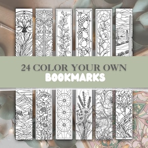 May include: A collection of 24 black and white bookmarks with various designs, including floral, landscape, and geometric patterns. The text "24 COLOR YOUR OWN BOOKMARKS" is displayed on a green banner.