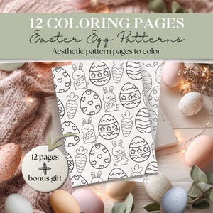Pode incluir: Uma pilha de páginas para colorir com padrões de ovos de Páscoa, coelhos e cenouras em preto e branco. O texto diz "12 COLORING PAGES Easter Egg Patterns Aesthetic pattern pages to color". Um presente bônus está incluído.