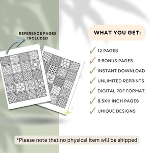 Pu&ograve; includere: Due pagine bianche formato A4 con intricati disegni in bianco e nero, etichettate come "REFERENCE PAGES INCLUDED". Il testo "WHAT YOU GET:" &egrave; seguito da un elenco di caratteristiche, tra cui "12 PAGES" e "UNIQUE DESIGNS". &Egrave; incluso anche il testo "Please note that no physical item will be shipped".