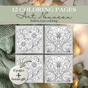May include: Four square coloring pages with floral Art Nouveau designs. The top of the image reads "12 Coloring Pages Art Nouveau Bold & Easy coloring". A circular graphic states "12 pages + bonus gift".
