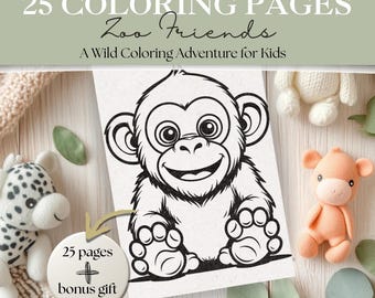 Zoo Animals Coloring Pages for Kids | 25 Bold & Easy Animal Designs | Printable PDF | Toddler Zoo Activity Book | Digital Download + Bonus