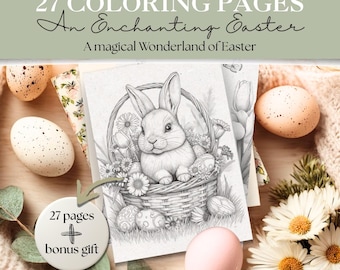 May include: An Easter-themed coloring book with 27 pages and a bonus gift. The cover features a black and white illustration of a bunny in a basket surrounded by flowers and Easter eggs. The text reads "An Enchanting Easter".