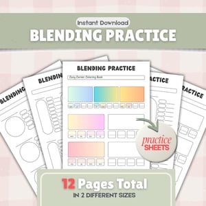 Puede incluir: Varias hojas de papel blanco con el texto "BLENDING PRACTICE" y "Practice Sheets". Las hojas presentan ejercicios de mezcla de colores con cuadros y degradados de color. La imagen también incluye el texto "12 Pages Total in 2 Different Sizes".