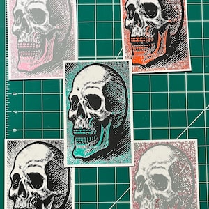 May include: A collection of skull stickers with varying color accents. Each sticker features a detailed skull illustration with highlights in pink, orange, and teal. The skulls are set against a textured background.