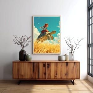 Red-Haired Girl on Giant Turtle in Golden Meadow, Girl and Turtle Flying Through the Sky, Fairy Tale Wall Decor, Fantasy Journey Art Print