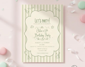 Sage Green Birthday Invitation | Editable Canva Template | Scalloped Edge Design | Printable Digital Invite