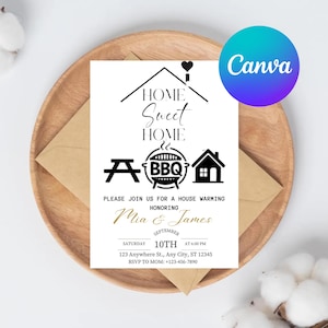 May include: A housewarming invitation with the text "HOME Sweet HOME" and BBQ graphics. The invitation is on a white background, with the names Mia & James, and event details. The Canva logo is in the upper right corner.