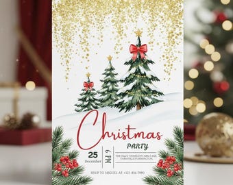 May include: A Christmas party invitation with a festive design. The card features three decorated Christmas trees on a snowy landscape, with a red bow on the largest tree. Gold glitter and the words "Christmas Party" are displayed.