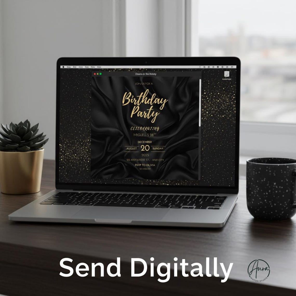 Black & Gold Birthday Invitation | Editable Canva Template | Minimal ...