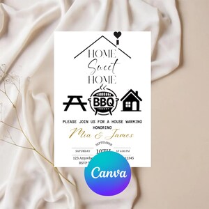 May include: A white invitation card with black text and graphics for a housewarming. The design includes a house silhouette, the words "Home Sweet Home", a picnic table, a BBQ grill, and a house icon. The invitation is for Mia & James.