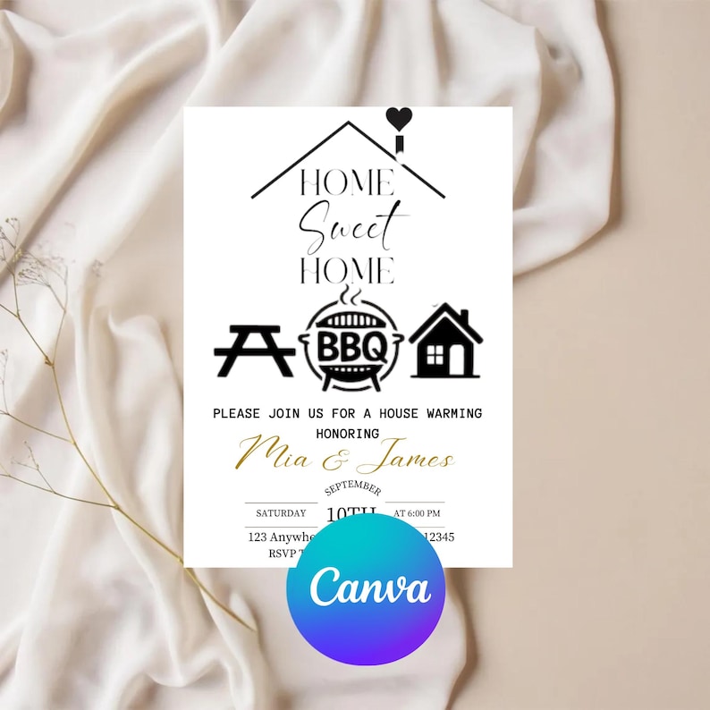 May include: A white invitation card with black text and graphics for a housewarming. The design includes a house silhouette, the words "Home Sweet Home", a picnic table, a BBQ grill, and a house icon. The invitation is for Mia & James.