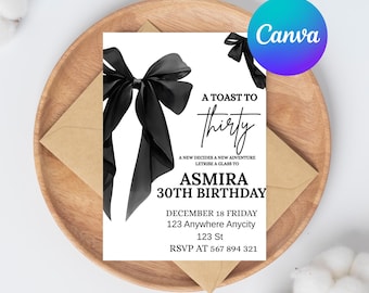 Coquette 13th Birthday Invitation: Black Bow, Trendy Tween (Editable Canva Template)