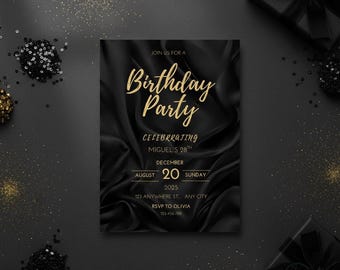 Black Gold Birthday Invitation Template | Editable Canva 30th 40th 50th | Elegant Party Printable
