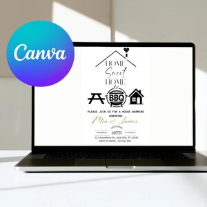 May include: A laptop displays a housewarming invitation. The invitation features the text "Home Sweet Home" with BBQ and house icons. The invitation is for Mia & James, with date, time, and RSVP information.