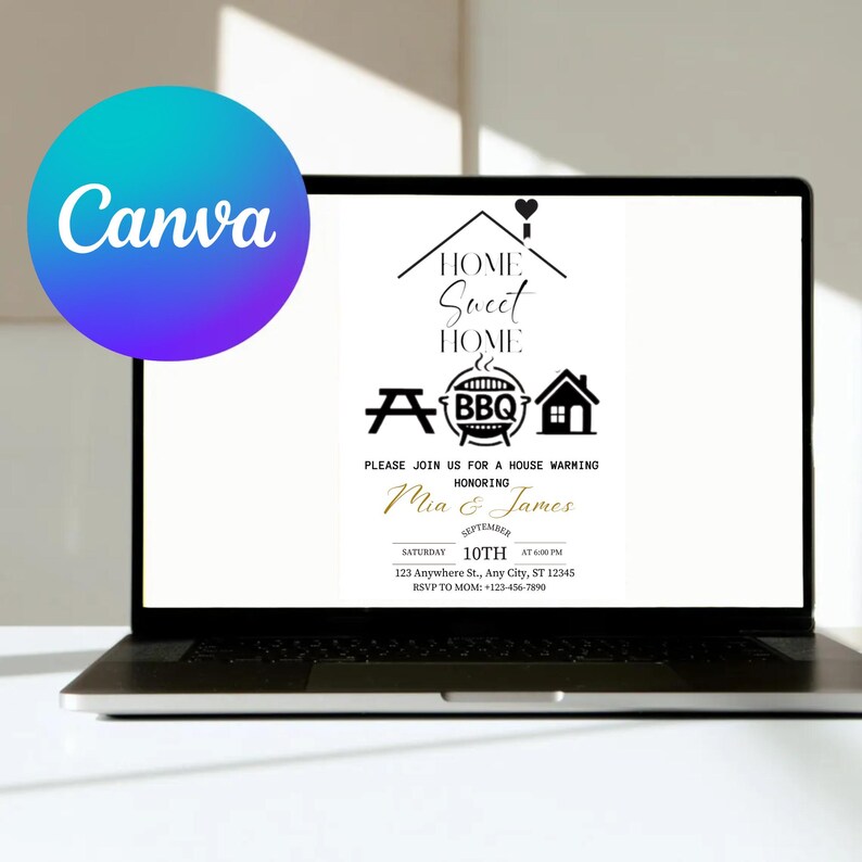 May include: A laptop displays a housewarming invitation. The invitation features the text "Home Sweet Home" with BBQ and house icons. The invitation is for Mia & James, with date, time, and RSVP information.