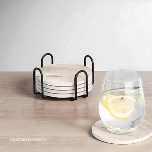 Marble Style Coasters Set of 6 with Holder | Modern Round Acrylic Drink Coasters for Coffee Table, Bar, Kitchen & Home Décor | Housewarming
