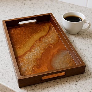 Handcrafted Wood & Orange Epoxy Serving Tray: Rustic Kitchen Decor