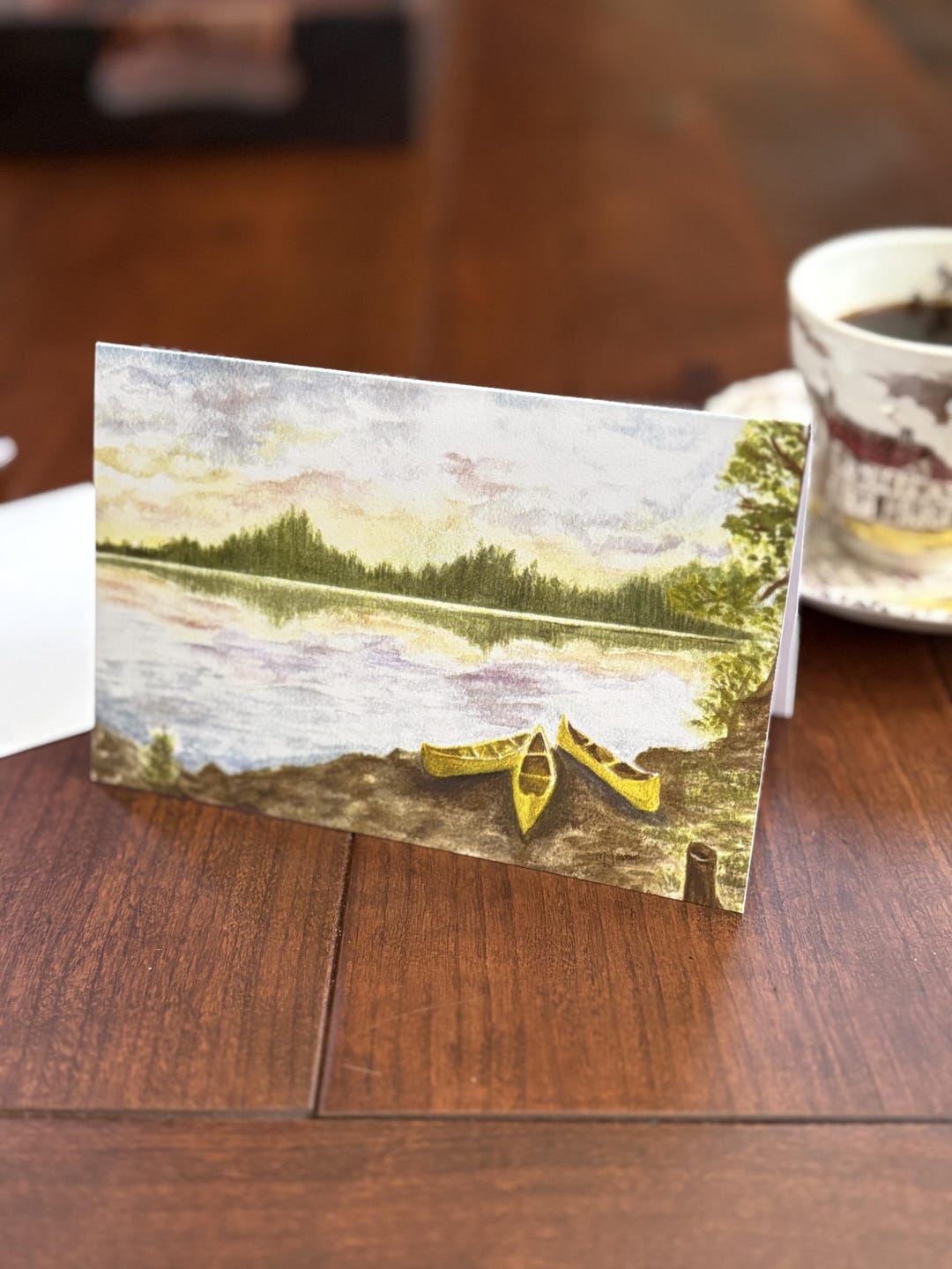 Lakeside Tranquility Canoe Watercolor Greeting Card by M. Jacobson - Etsy