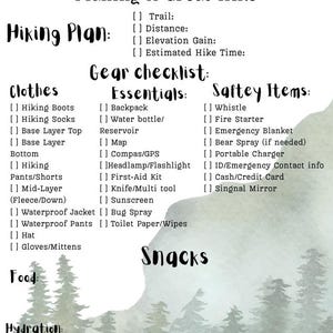 Può includere: Un elenco di preparazione per l'escursionismo intitolato "GENERAL HIKING PREP LIST" con sezioni per il piano escursionistico, la lista di controllo dell'attrezzatura, il cibo e l'idratazione. L'elenco include elementi come scarponi da trekking, borraccia, kit di pronto soccorso e coperta di emergenza.