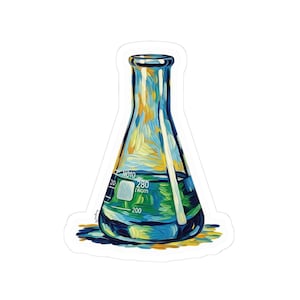Puede incluir: Una pegatina con una colorida ilustración de un matraz de Erlenmeyer de laboratorio. El matraz está lleno de un líquido verde y tiene pinceladas azules, amarillas y naranjas. El matraz tiene marcas de medición y el texto "280 iRotm".