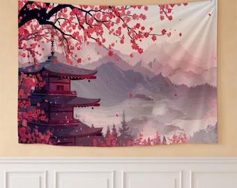 桜の塔タペストリー 日本の桜 壁掛け ピンク マウンテンアート 大型ファブリック 壁装飾 寝室 リビングルーム 寮 ギフト