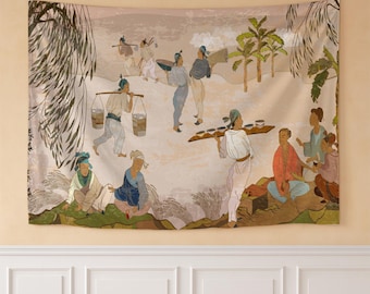 Tea Harvest Vintage Asian Art Tapestry