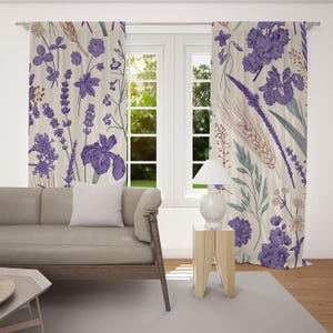 Window Curtains, Purple Wildflower, Lavender and Iris Floral on Ivory, Cottagecore Farmhouse Drapes, Living Room Bedroom